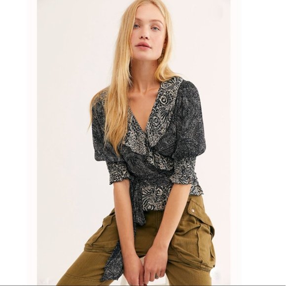 Free People Tops - NEW Free People Olivia Printed Wrap Top in Black S